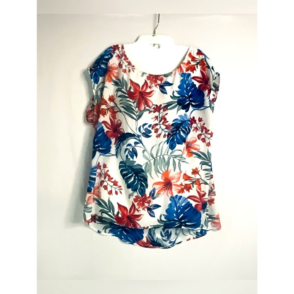 W5 Tropical Floral Print Hi-Low Blouse L Blue Coral Sleeveless Summer Tank Top